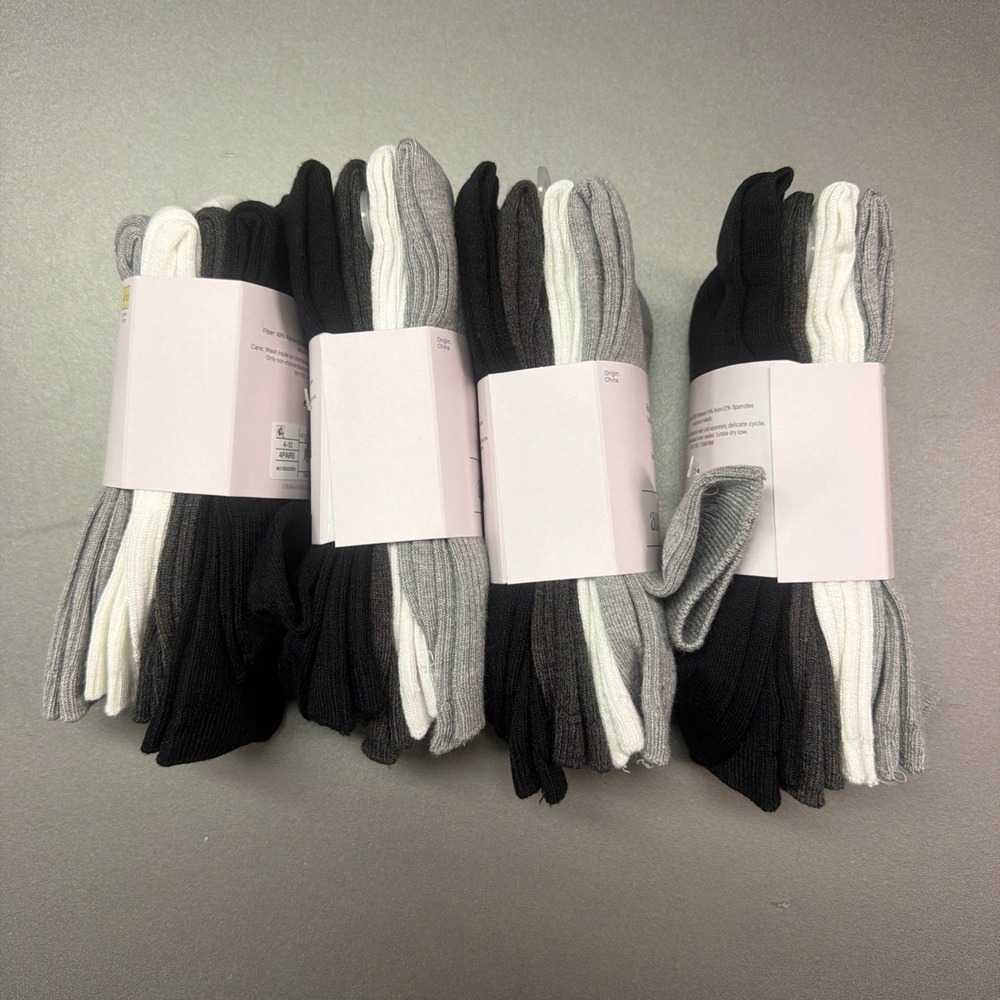 Auden Ribbed Knit Crew Socks 16 Pairs Lot Black White Grey Shoe Size 4-10 NEW - Picture 2 of 3